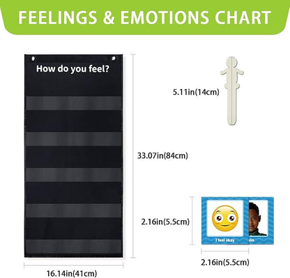 Boczif Emotions Feelings Pocket for Classroom Chart with 24 Cards for Preschool Teacher, Daycare Decor, Social Emotional Learning Activities, Calm Down Corner Supplies (Black)