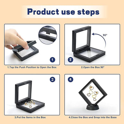 6 Pcs 3D Floating Display Case Frame Display Holder Stands Transparent PE Film Storage Box for Jewelry Challenge Coin Medal Antique 3.5 x 3.5 x 0.8 Inches (Style 1)