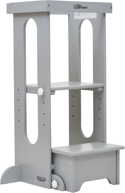 Little Partners Foldable Toddler Tower, Learning Tower Explore 'N Store Montessori Standing Kitchen Tower with Folding Step Stool Platform for Cooking and Learning, Ages 2+ (Silver Drop)