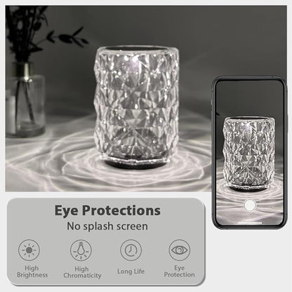 Portable Crystal Table Lamp, 3-Color Touch Control Rechargeable, 3-Levels Brightness Room Decor, Crystal Bedside Night Light for Kids, Bedroom & Dining Room (3-Color Rose)