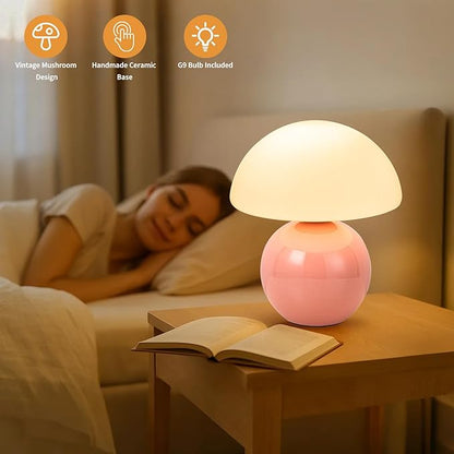 Mushroom Table Lamp, Ceramic Base with Milky White Glass Shade, Vintage Dimmable Bedside Nightstand Lamp for Bedroom, Reading, Home Décor, Gift for Friends Pink