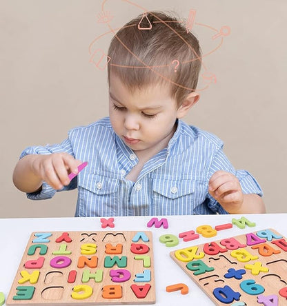 Wooden Puzzles for Toddlers, Alphabet Puzzle and Number Puzzle, Preschool Educational Learning Toys with Chunky Wood ABC Puzzle Board, for Girls Boys Kindergarten