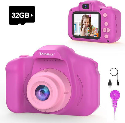 PROGRACE Kids Camera for Girls and Boys Ages 3-12, Toddler Digital Camera with IPS HD Screen, 1080P HD Video, 32GB SD Card, Perfect Birthday Purple