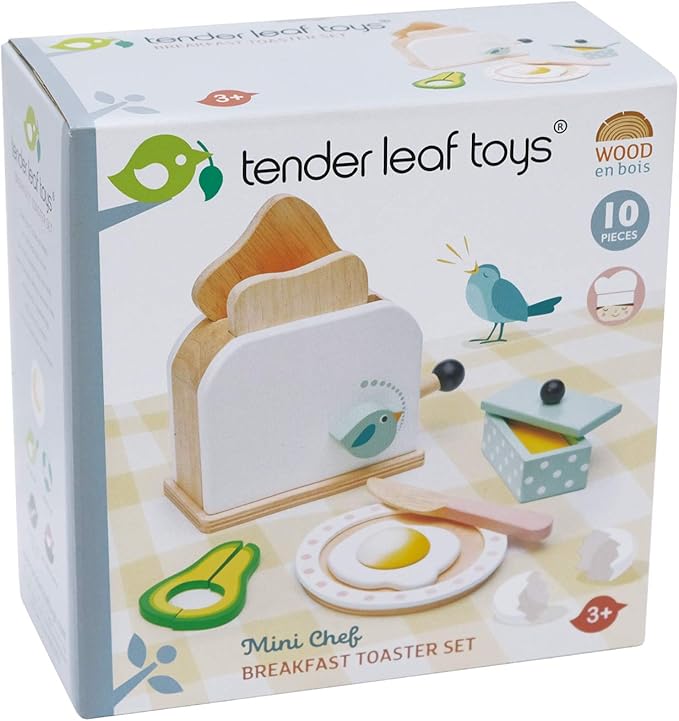 Tender Leaf Toys - Mini Chef Breakfast Toaster Set - 10 Pcs Classic Wooden Pop Up Toaster Toy for Pretend Cooking - Develops Social, Creative & Imaginative Skills Learning Role Play - Age 3+