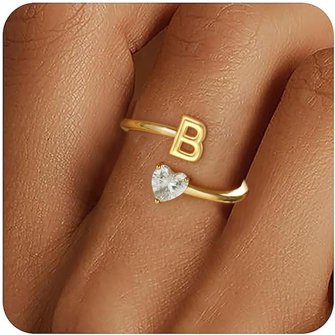 Gold Initial Rings for Women Girls - 18K Gold Plated Adjustable Letter A-Z Initial Ring Dainty Heart Zirconia Rings for Women Teen Girl Gifts