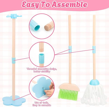 Kids Cleaning Set, Wooden Toddler Broom Set for Housekeeping, 7 Pieces Montessori Cleaning Toys with Kids Broom and Mop Set, Housework Pretend Play Toy Gift for Boys Girls Ages 3+