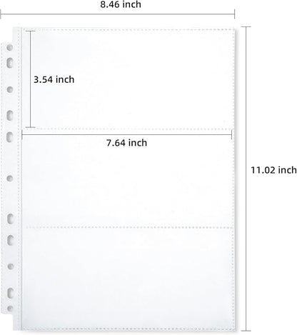 150-Sheets Double-Side 3-Pocket Currency Pages - 11 Holes for Currency Binder, 900 Pockets Paper Money Collection Pages for Dollar Bills, Banknotes and Coupons, Currency Sleeves Collecting Album Pages