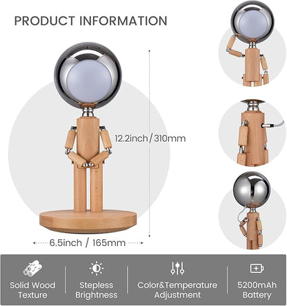 Pause Moon Lamp, Creative Wood LED Desk Lamp, Unique Decorative Lighting for Bedroom, Lamps for Night Stands, Rechargeable Cordless Lamp Office & Gift, Beech Wood