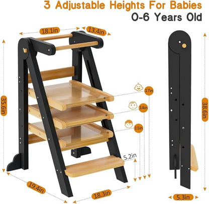 Toddler Tower, Foldable Step Stool for Toddlers, Toddler Kitchen Stool Helper with 3 Adjustable Height Safty Rail and Anti-Tip Structure, Learning Tower for Toddlers Baby Kids