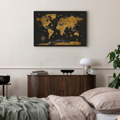 artgeist Canvas Wall Art Print World Map 24x16 in - 1pcs Home Decor Framed Stretched Picture Photo Painting Artwork Image Faux Wood Map of The World Continents Grey k-A-0490-b-a