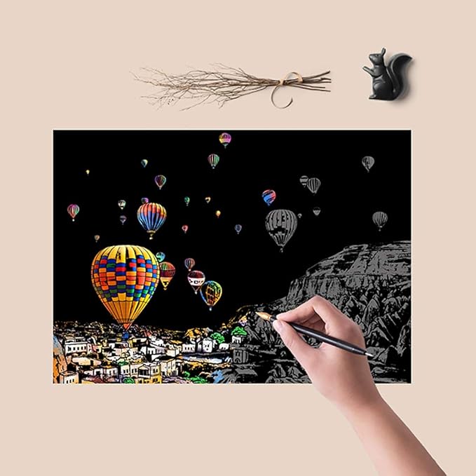 Rainbow Scratch Art Painting Paper (A4) for Adults & Kids, DIY Night View Scratchboard Set: 4 Sheets Scratch Cards & Clean Brush, Drawing Pen(Cinque Terre / Windmill / Ferris Wheel / Hot Air Balloon)