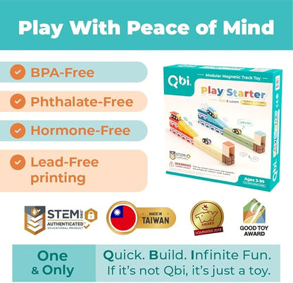 QBI Magnetic Blocks Play Starter Set｜4-in-1 STEM Building Blocks with 4 Cars & 3D Track Tiles｜Educational Sensory Magnet Toys｜Preschool Montessori Toys for Kids Ages 3-5-8 Year Old Boys and Girls