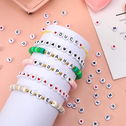 Letter Beads, DECYOOL 1900Pcs 4×7mm Wihte Black Acrylic Alphabet Beads with 1 Roll Elastic String for Bracelet Necklace