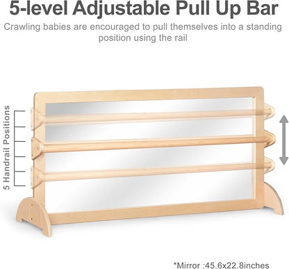 3-Position Montessori Wood Frame Non-Shatter Safety Pull Up Bar Baby Big Mirror Set, Infant Coordination Mirror, Kids Classroom Furniture for Daycare, Homeschool or Preschool