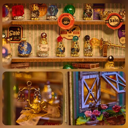 Magic Shop Miniature House Kit,DIY Miniature Dollhouse Kit with LED & Furniture,Mini Diorama House Building Kit for Adults,Tiny House Mini Model Kit Wooden Crafts,Bookshelf & Home Decor Gifts