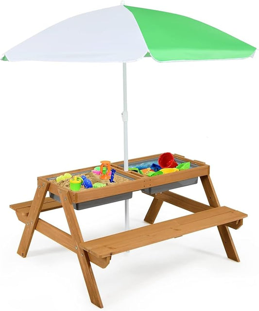 HONEY JOY Kids Picnic Table, 4 in 1 Cedar Wooden Sand & Water Table w/ 2 Removable Box & Umbrella, Kids Picnic Tables for Outdoors Backyard Garden, Toddler Patio Furniture Set for Boys Girls(Natural)