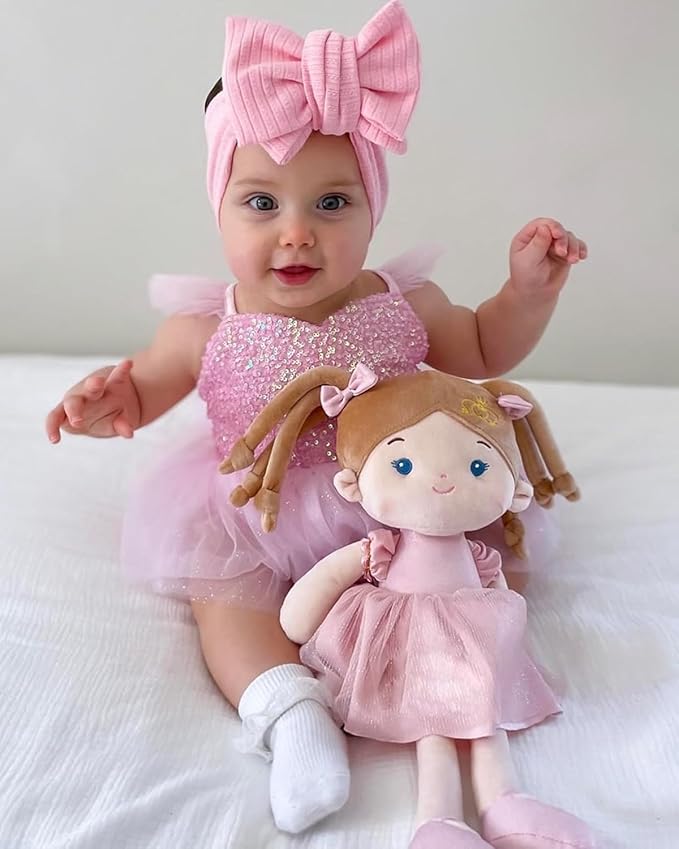LeyaDoll Personalized Soft Baby Doll Toys for Girls (16''), My First Christmas Dolls, Leya Doll Baby Rag Doll Plush Toys for Toddler Kids Infants -Princess-Coral