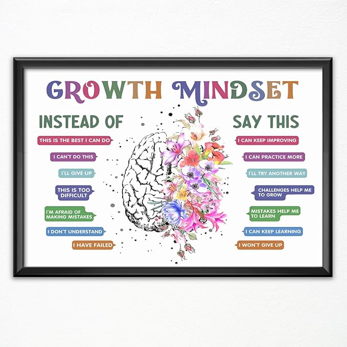 CEHNSENHUI Classroom Growth Mindset Affirmations for Kids Mental Health Posters Brain Poster Psychology Special Education Calm Corner Wall Art Office Therapy Canvas Wall Decor 20x30in BlackFramed