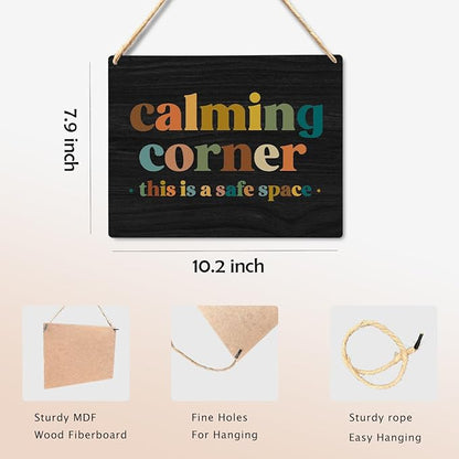Calming Corner Hanging Wood Sign Plaque - Safe Space Classroom Decor, School Counselor Office Decor, Calm Down Corner Decorations For Classroom Preschool, Boho Classroom Decor(Black), 10x8