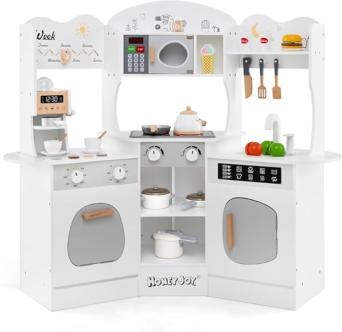 HONEY JOY Corner Play Kitchen, Toddler Wooden Toy Kitchen Set w/Lights, Coffee Maker, Microwave, Sink, Faucet, Little Chef Pretend Play Kids Kitchen Playset for Boys Girls (White)