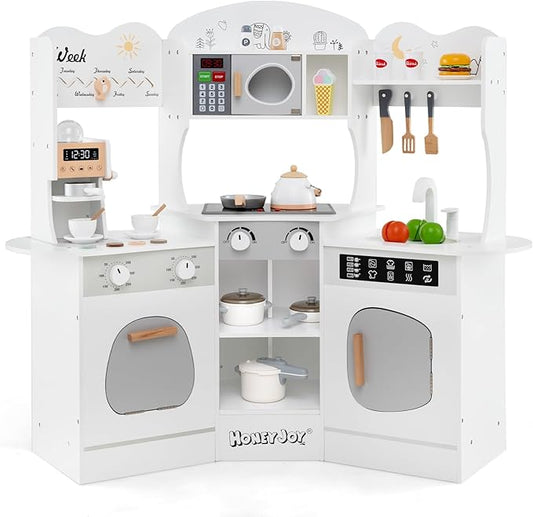 HONEY JOY Corner Play Kitchen, Toddler Wooden Toy Kitchen Set w/Lights, Coffee Maker, Microwave, Sink, Faucet, Little Chef Pretend Play Kids Kitchen Playset for Boys Girls (White)
