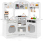 HONEY JOY Corner Play Kitchen, Toddler Wooden Toy Kitchen Set w/Lights, Coffee Maker, Microwave, Sink, Faucet, Little Chef Pretend Play Kids Kitchen Playset for Boys Girls (White)