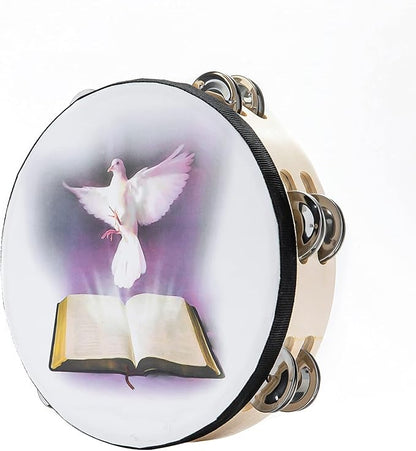 Musfunny 8 inch Dove Bible Double Row Jingle Tambourine for Adults,Handbell Clap Drum Tambourine for Pray Church Party Musical Instrument