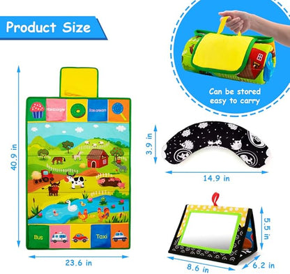 Tummy Time Mirror & Play Mat & Pillow 3-in-1, High Contrast Black and White Baby Toys, Activity Mat for Early Education, Newborn Infant Tummy Time Toy Set for 0 3 6 12 Month Crinkle/Squeake