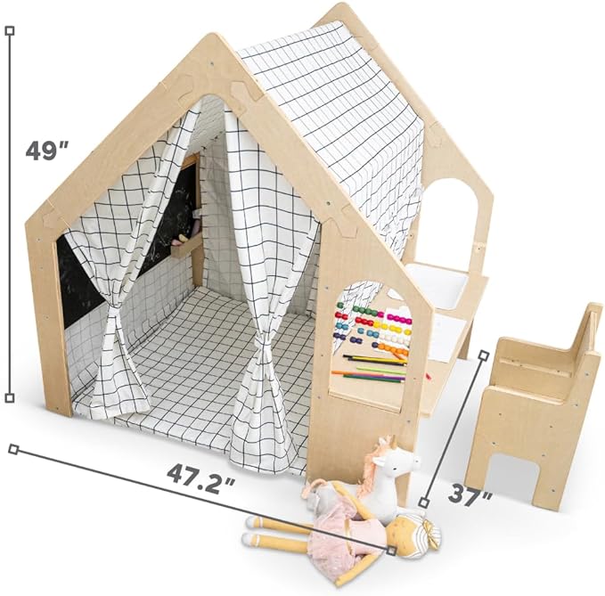 Avenlur Flair Montessori Style Wooden 5 in 1 Indoor Playhouse Play Tent with Desk Table, Chair, Chalkboard, Floor Cushion and Curtain Shades for Babies, Toddlers, Kids (Large, Windowpane)