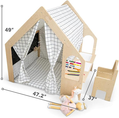 Avenlur Flair Montessori Style Wooden 5 in 1 Indoor Playhouse Play Tent with Desk Table, Chair, Chalkboard, Floor Cushion and Curtain Shades for Babies, Toddlers, Kids (Large, Windowpane)