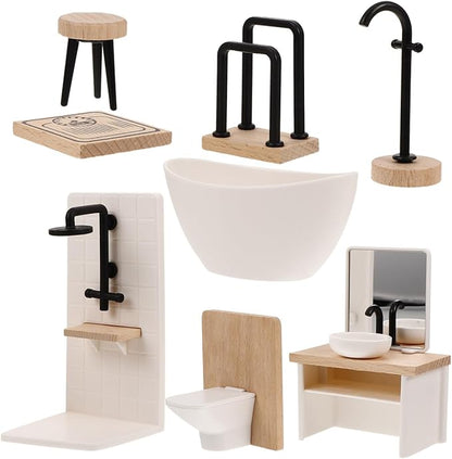 NUOBESTY Dollhouse Bathroom Set, 1 12 Scale Dollhouse Furniture 8pcs Miniature Doll House Bathroom Accessories with Mini Bathtub, Toilet, Shower Room for Doll House Decor Accessories