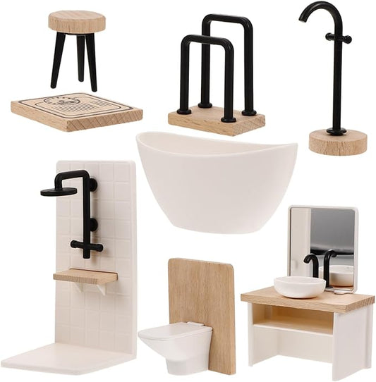 NUOBESTY Dollhouse Bathroom Set, 1 12 Scale Dollhouse Furniture 8pcs Miniature Doll House Bathroom Accessories with Mini Bathtub, Toilet, Shower Room for Doll House Decor Accessories