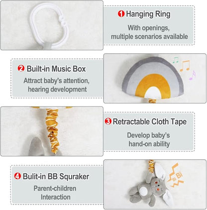 Baby Hanging Rattle Toys, Baby Lullaby Pull Musical, Soft Plush Early Development Stroller Car Toys with Squeaker for Infant (Rabbit)