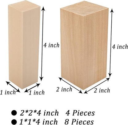 Unfinished Basswood Carving Blocks Kit, 12 Pack Rectangular Wooden Blocks for DIY Carving, Crafting and Whittling for Adults Beginner and Experts (4 x 1 x 1 inch, 4 x 2 x 2 inch)