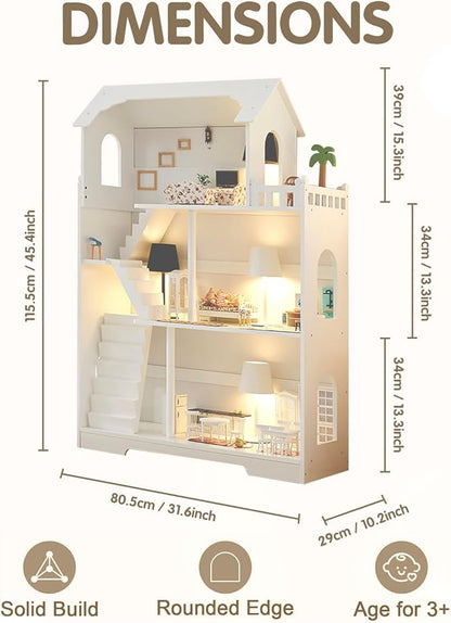 Wooden Dollhouse Bookshelf - Toddler Doll House Bookcase, Extra Space Kids Toy Storage Book Shelf, 3-Tier Children Dollhouse, Pretend Play Toy House, Gift for Girls & Boys Ages 3+