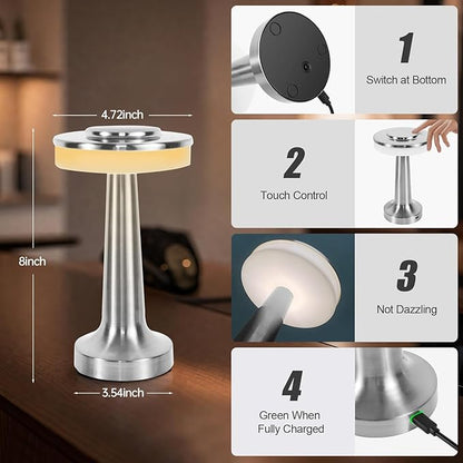 Cordless Table Lamp, Portable LED Desk Lamp, Table Sensor Control Beside Lamps, Kids Night Light with Stepless Dimming & Charging Completed Tip Light & 3 Colors Changing