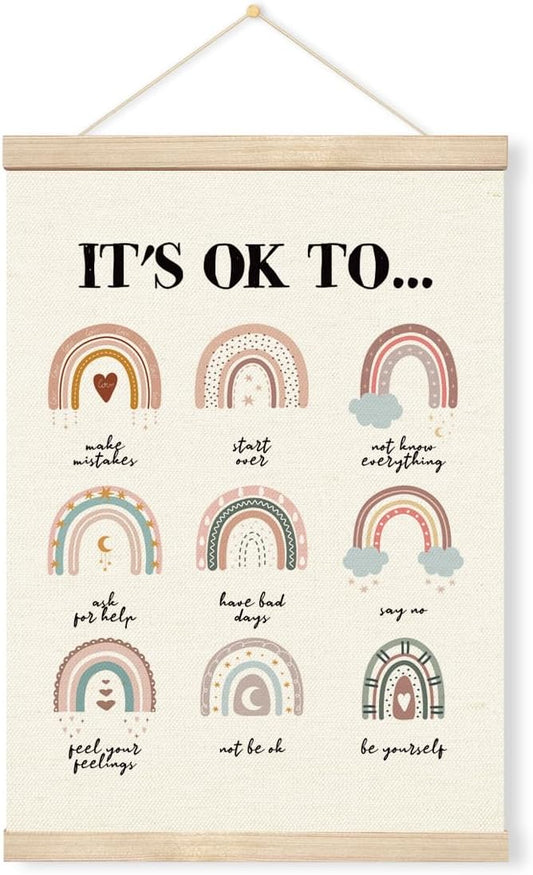 Inspirational Poster Hanger Frame, Mental Health Wall Art, It's Okay to Make Mistakes Banner, Motivational Quote Hanging Canvas Pictures Prints, Wall Decor for Classroom Therapy Counselor Office