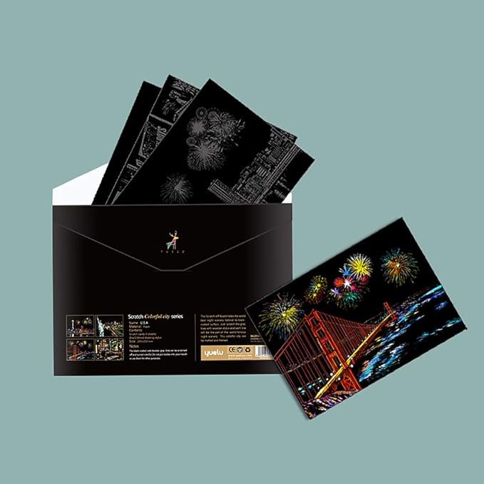 Rainbow Scratch Art Painting Paper (A4) for Adults & Teens, Night View Scratchboard Set:4 Sheet Scratch Cards, Clean Brush, Drawing Pen(Times Square/Golden Gate Bridge/Seattle/Statue of Liberty)