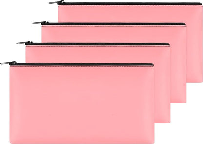 4Pack Money Bag 11 X 6" - Safe Durable Waterproof PU Leather Bank Pouch With Zipper for Cash, Coins, Checks, Makeup, Bills, Receipts, Tool Storage (Pink)