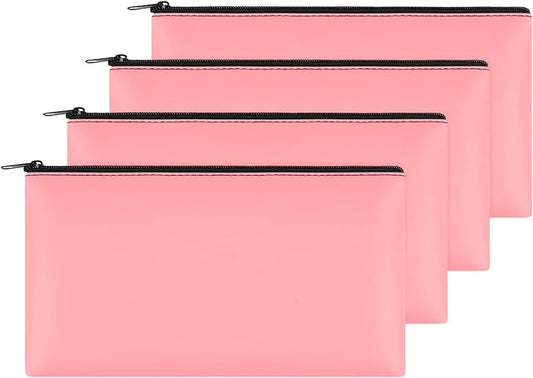 4Pack Money Bag 11 X 6" - Safe Durable Waterproof PU Leather Bank Pouch With Zipper for Cash, Coins, Checks, Makeup, Bills, Receipts, Tool Storage (Pink)