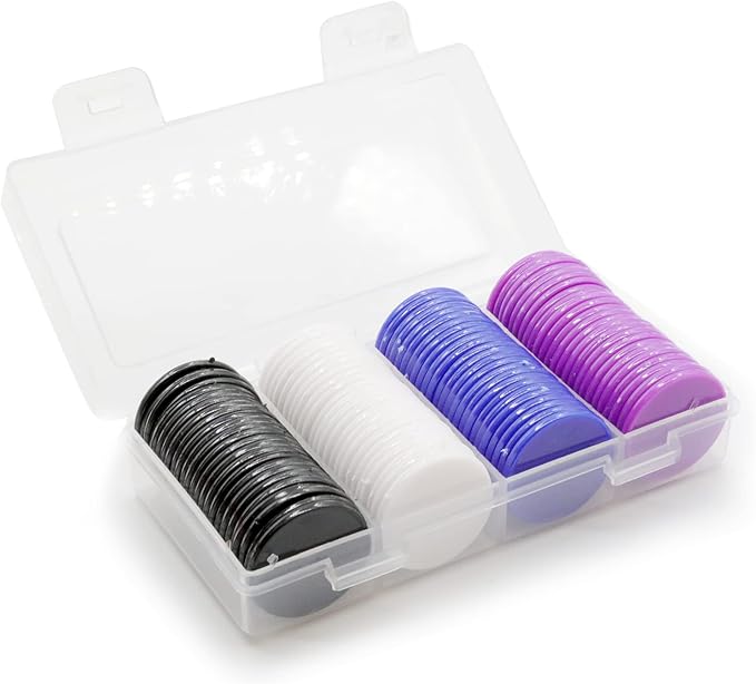 Set of 100 Opaque Plastic Learning Counters Mini Poker Chips Game Tokens with Storage Box (Black+White+Blue+Purple, 1.58 Inch)