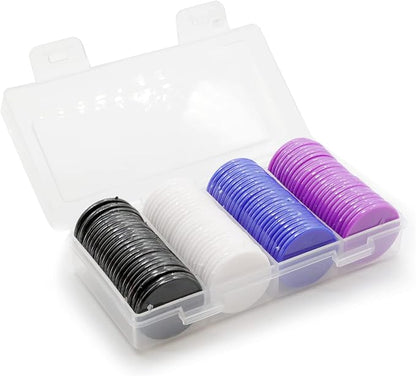 Set of 100 Opaque Plastic Learning Counters Mini Poker Chips Game Tokens with Storage Box (Black+White+Blue+Purple, 1.58 Inch)
