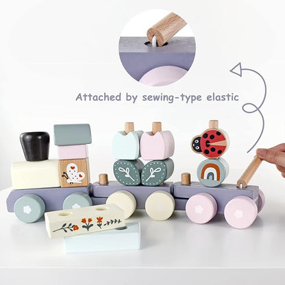 Wooden Stacking Train Toy Set,Wooden Building Blocks Train with Shape Sorter Early Learning Gift for Toddlers Boys Girls 12 Months and up