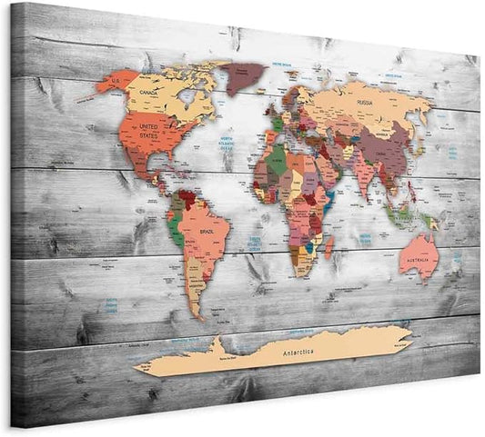 artgeist Canvas Wall Art Print World Map 35x24 in - 1pcs Home Decor Framed Stretched Picture Photo Painting Artwork Image World Travel Map Wood k-B-0009-b-c