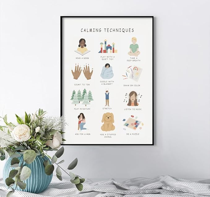 uoyien Calming Corner Classroom Mental health Poster Feelings Calming Techniques Canvas Wall Art Boho Emotions Chart for Kids Prints Special Education Wall Decor for Office 12x16in Metal Framed