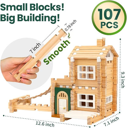 Jovi-mindly＆Notchies 107 Pcs Wooden Blocks Toys with Door and Windows,Classic Old Fashioned Toys,Wooden Building Blocks for Kids Ages 4-8 Boys and Girls,FSC Certified,Halloween Gifts