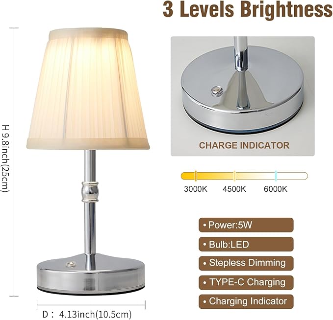 3000 mah Battery lamp,5W LED Small Touch Lamps,3 Color Temperature Dimmable Rechargeable Lamp,Cordless Lamp for Kitchen,Mini Lamps for Small Spaces (Chrome)