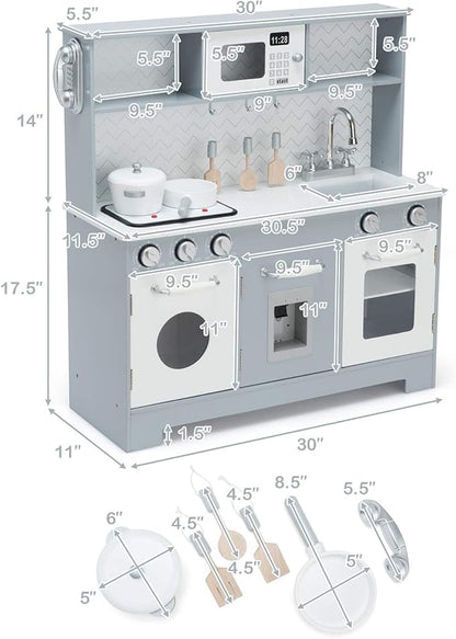 Costzon Kids Kitchen Playset, Wooden Pretend Cooking Playset w/Stove, Fridge, Microwave, Removable Sink, Water Dispenser w/Light Sound, Cabinets, Great Gift for Boys Girls