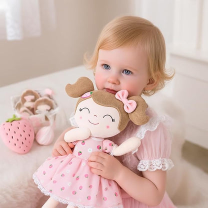 Gloveleya Baby Girl Gift – 16 Inches Strawberry Pink Plush Doll with Gift Box, Soft First Baby Doll for Toddler Girls, Birthday Present, Baby Shower & Holiday Keepsake