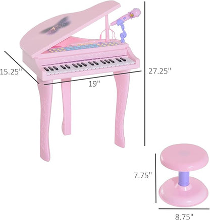 Qaba 37-Key Kids Toy Keyboard Piano Musical Electronic Instrument Grand Piano with Microphone, Stool, MP3, U-Disk, Lights for 3-6 Years, Pink